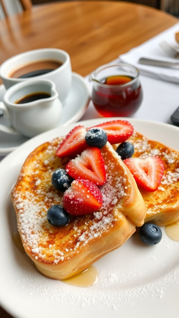 Golden brown French toast topped with powdered sugar and fresh berries, served with maple syrup.